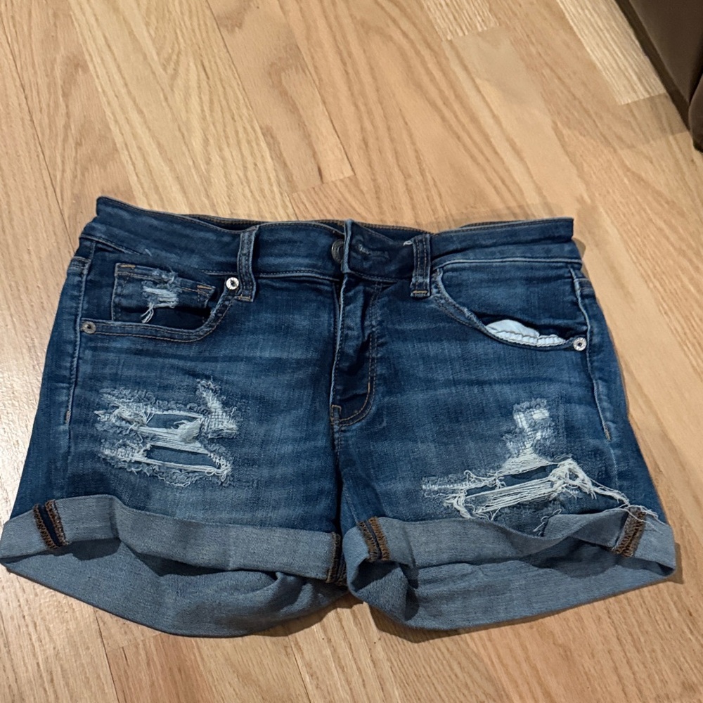 American Eagle Dark Blue Distressed Jean Shorts